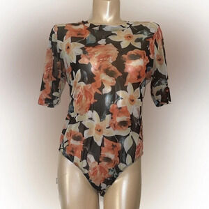 K Glam Women’s bodysuit shirt XL top floral sheer mesh black short sleeve